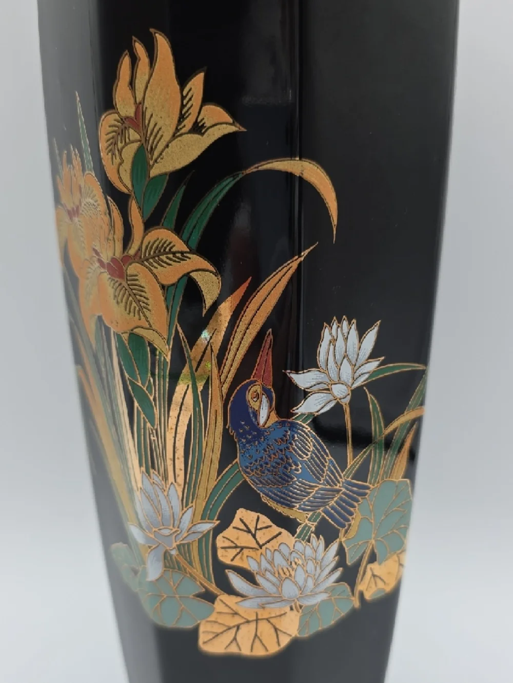 Large Black Porcelain Vase with Gold and Floral Detail | Vintage